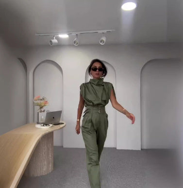 Slimming Blouse Set with Waist Belt and Matching Pants