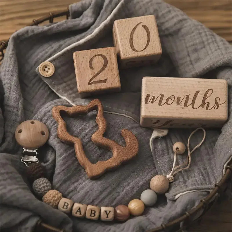 Eco-Friendly Wooden Baby Milestone Cubes - Newborn 1st Month Photo Props, Growth Memory Blocks for Infant Photography & Nursery